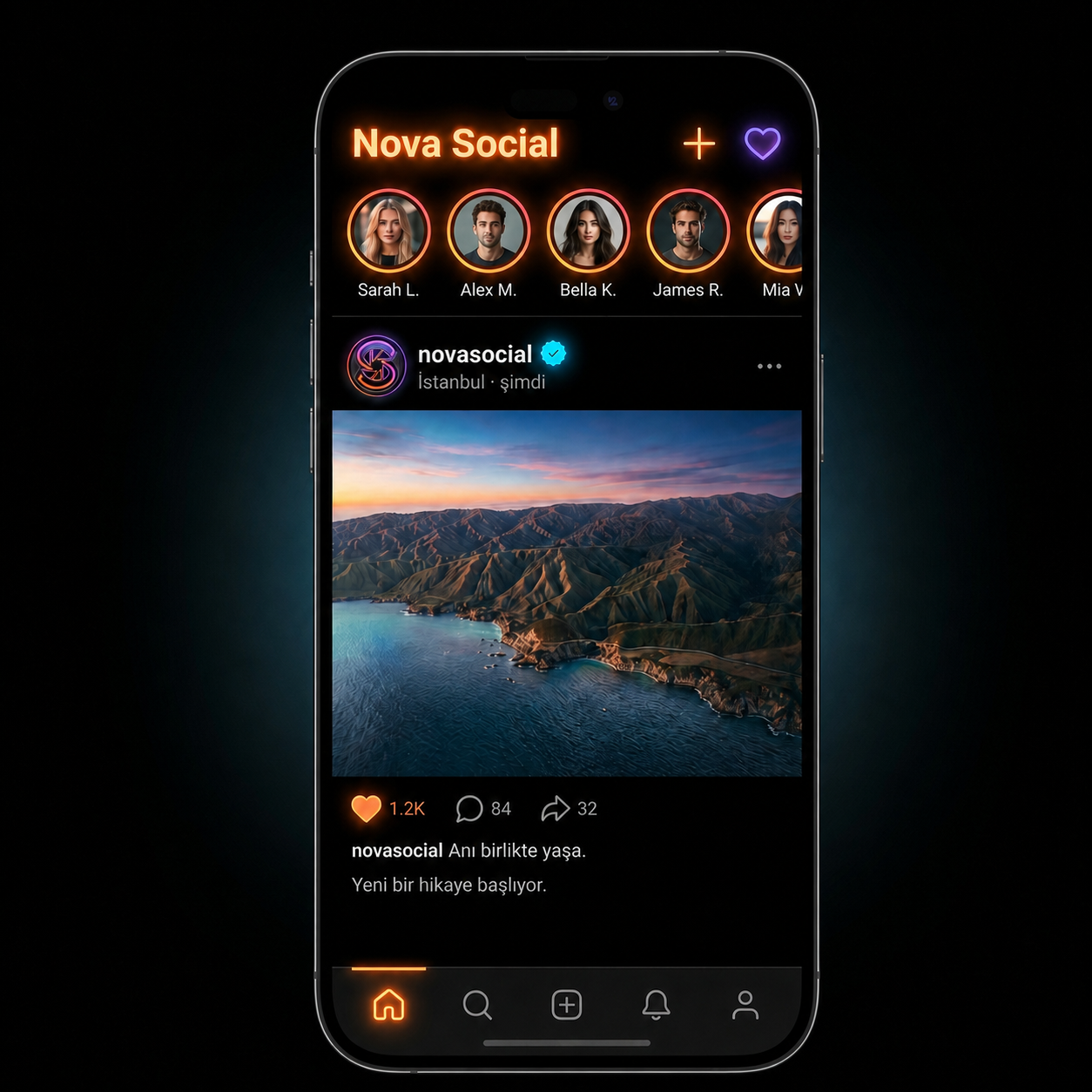 Nova Social uygulamasının ana akış ekranı